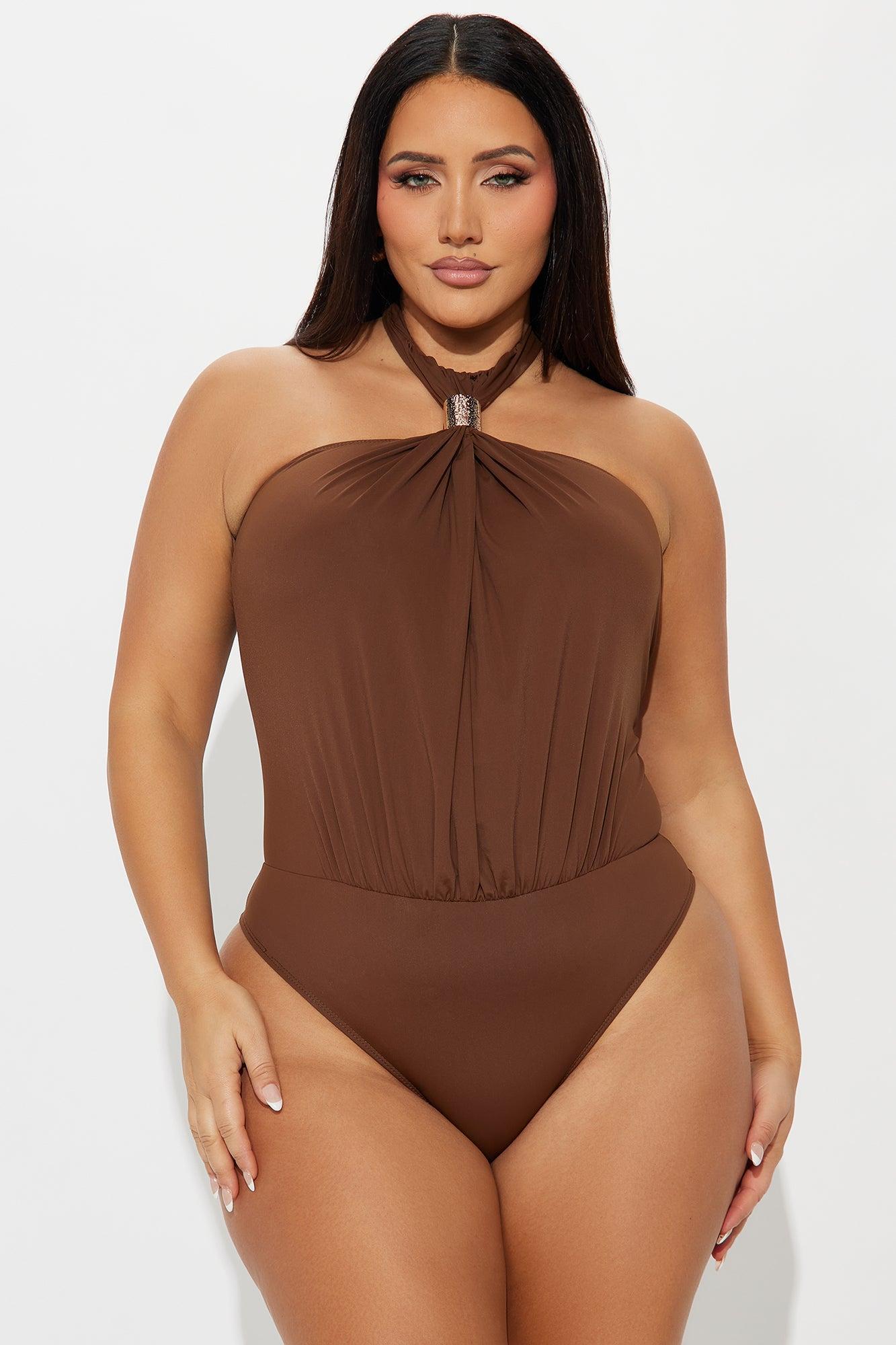 Beverly Y-Neck Ruched Bodysuit - Chocolate Product Image