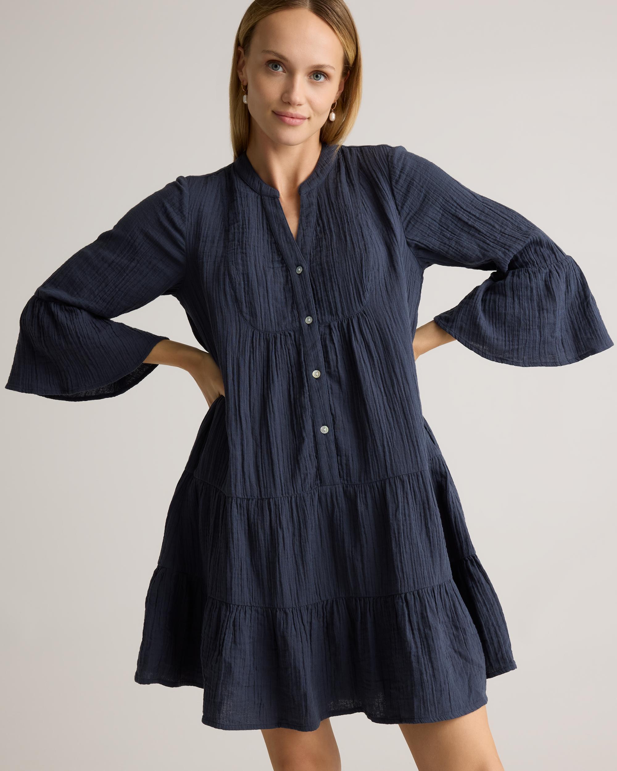 Quince | Women's Gauze Long Sleeve Tiered Mini Dress Organic Cotton Product Image