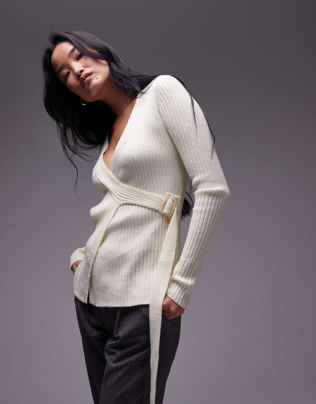 Mango wrap square buckle cardigan in white Product Image