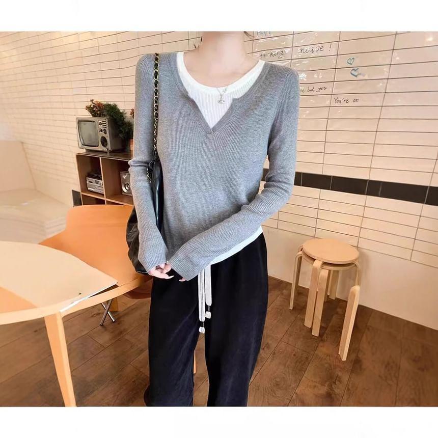 Mock Two-Piece Long-Sleeve Round Neck Two Tone Ribbed Knit Top Product Image