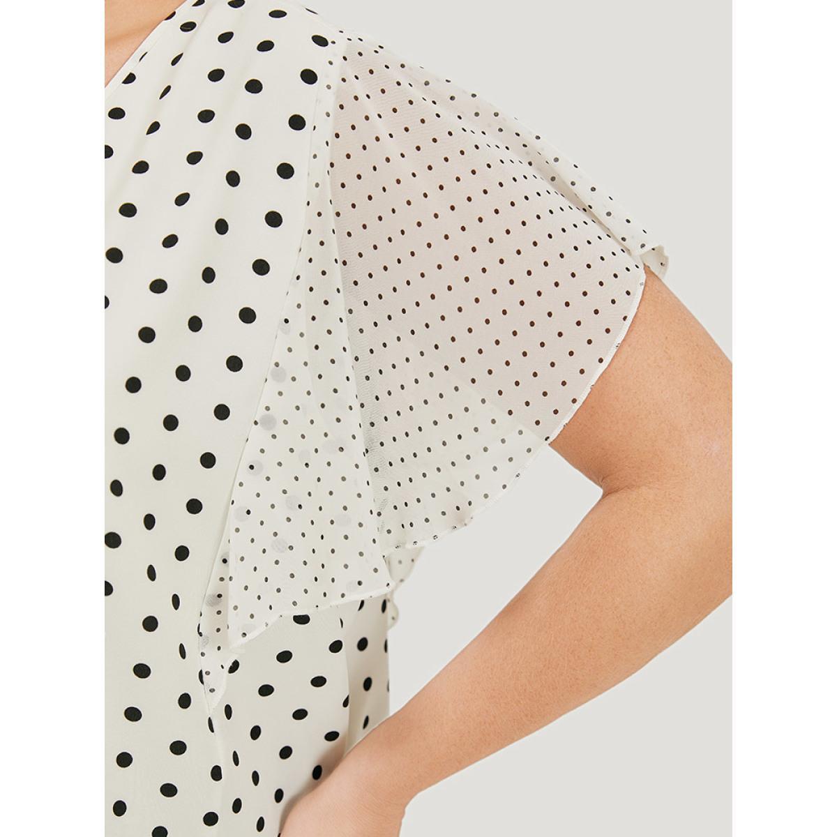 Plus Size White Polka Dot Patchwork Mesh Flutter Sleeve Blouse Women Office Short sleeve V-neck Work Blouses BloomChic 14-16/1X Product Image