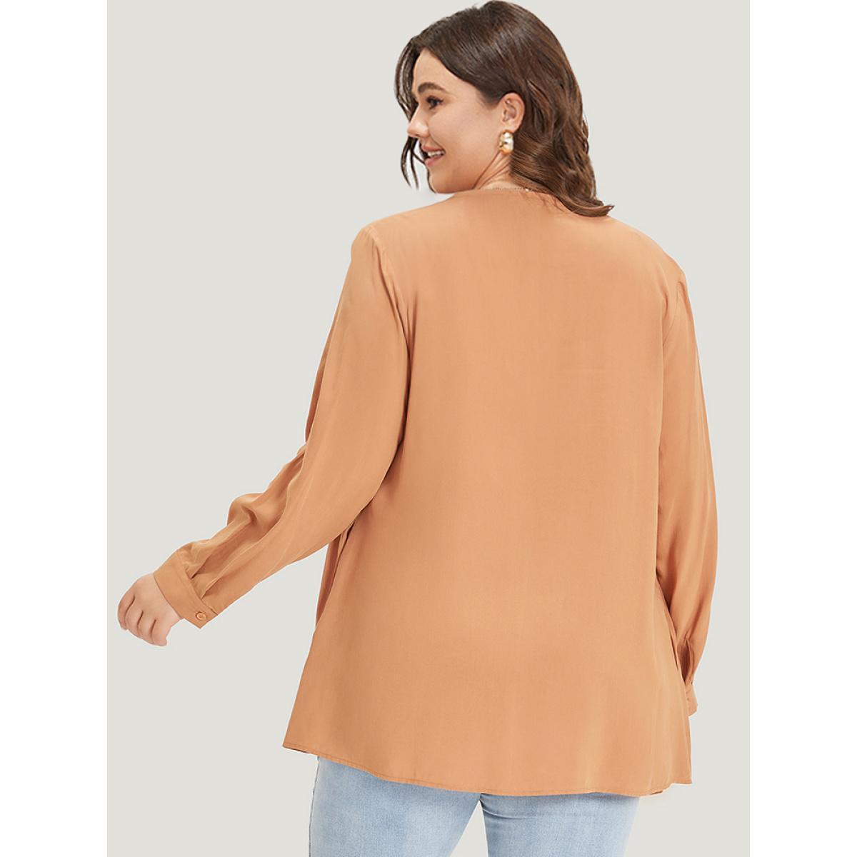 Plus Size Supersoft Essentials Plain Pocket Button Asymmetrical Hem Kimono Women Tan Casual Asymmetrical Pocket Dailywear Kimonos BloomChic 14-16/1X Product Image