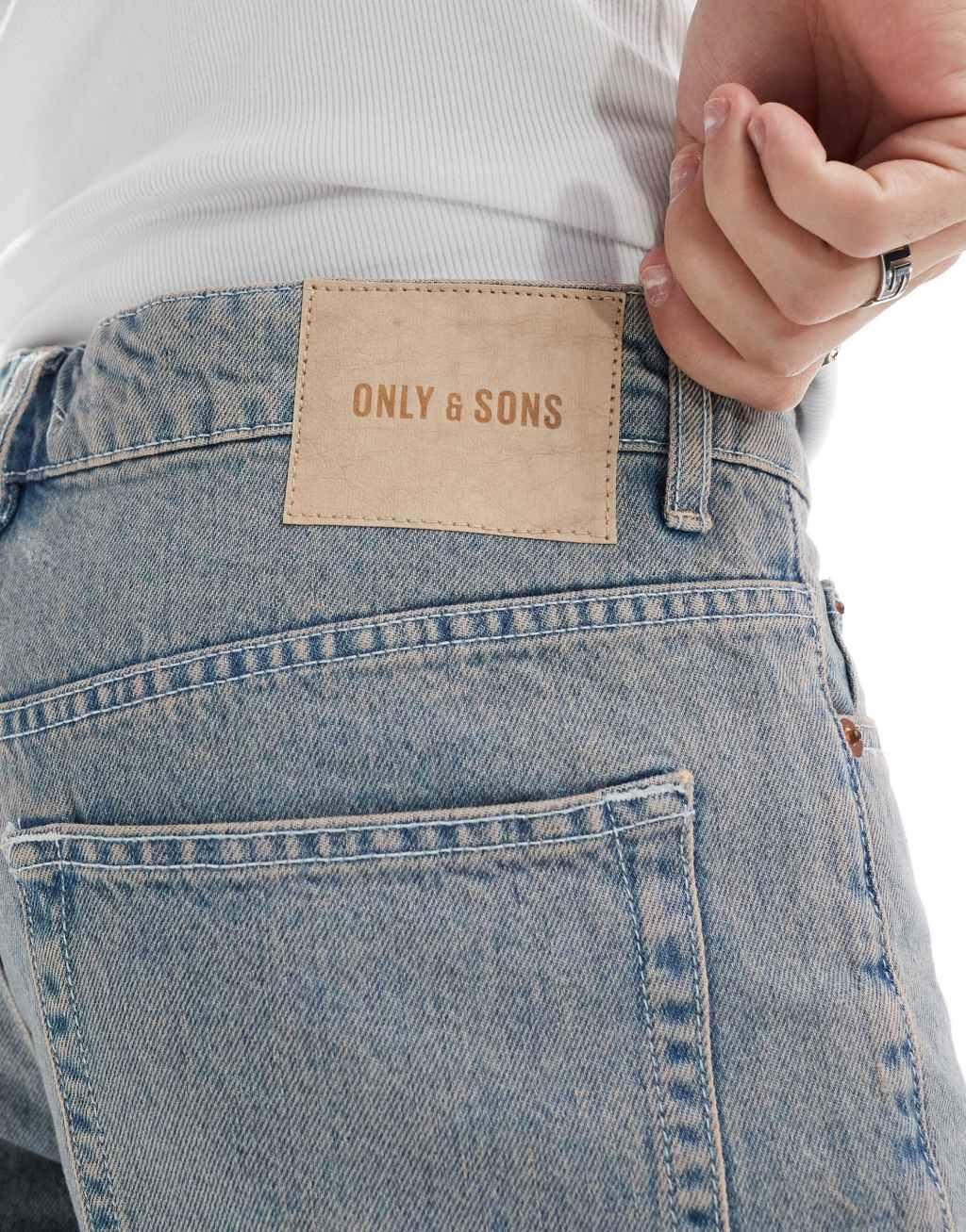 ONLY & SONS Edge straight fit denim shorts in light blue with pink rinse Product Image