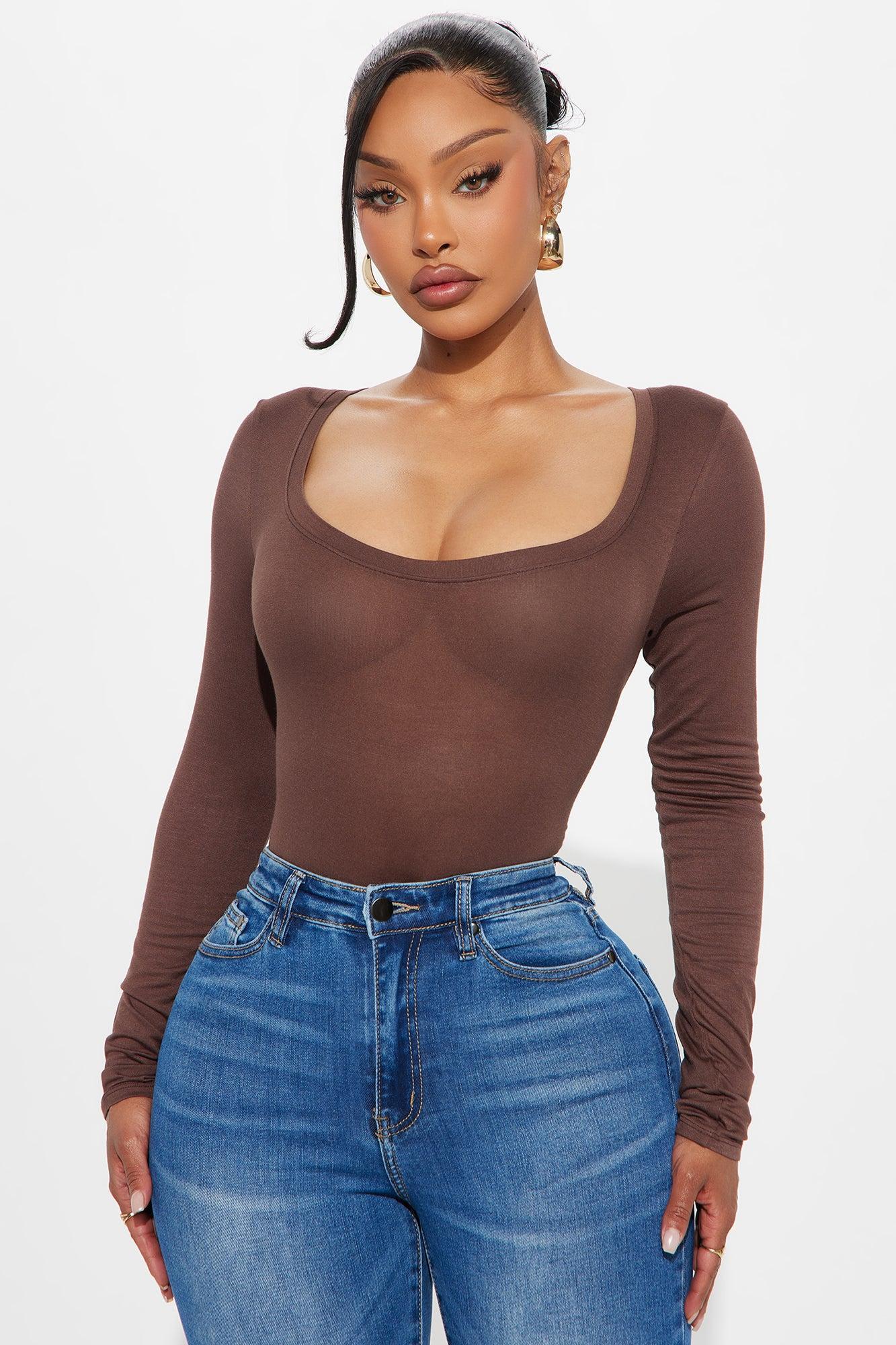 Marlene Scoop Neck Long Sleeve Bodysuit - Chocolate Product Image