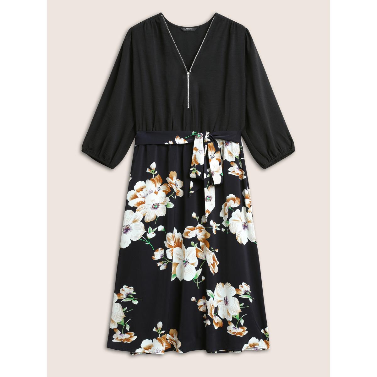 Plus Size Floral Patchwork Half Zip Belted Lantern Sleeve Dress BlackFlower Women Elegant Elastic cuffs V-neck Elbow-length sleeve Curvy Midi Dress BloomChic 12/L Product Image