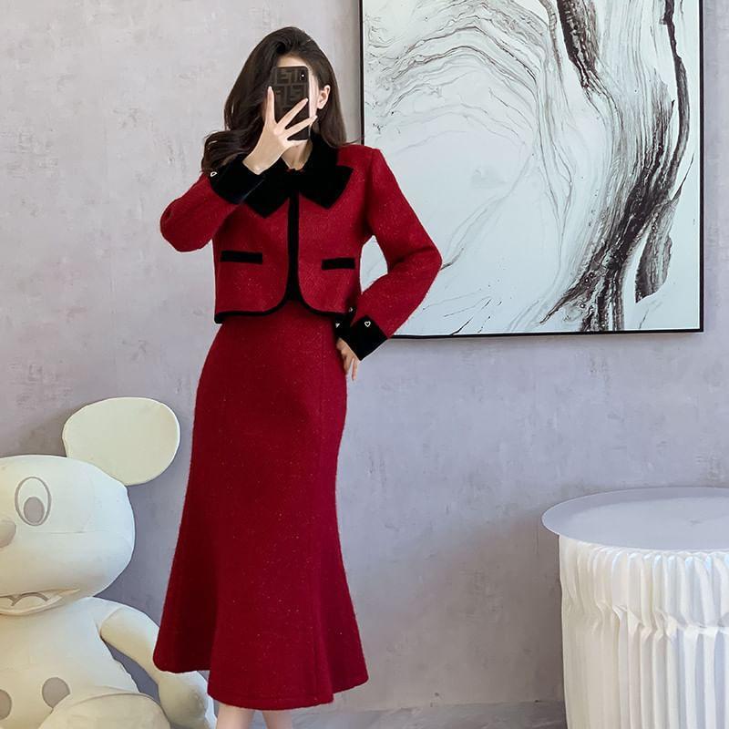 Set: Bow Contrast Trim Jacket + High Rise Mini Mermaid Skirt Product Image