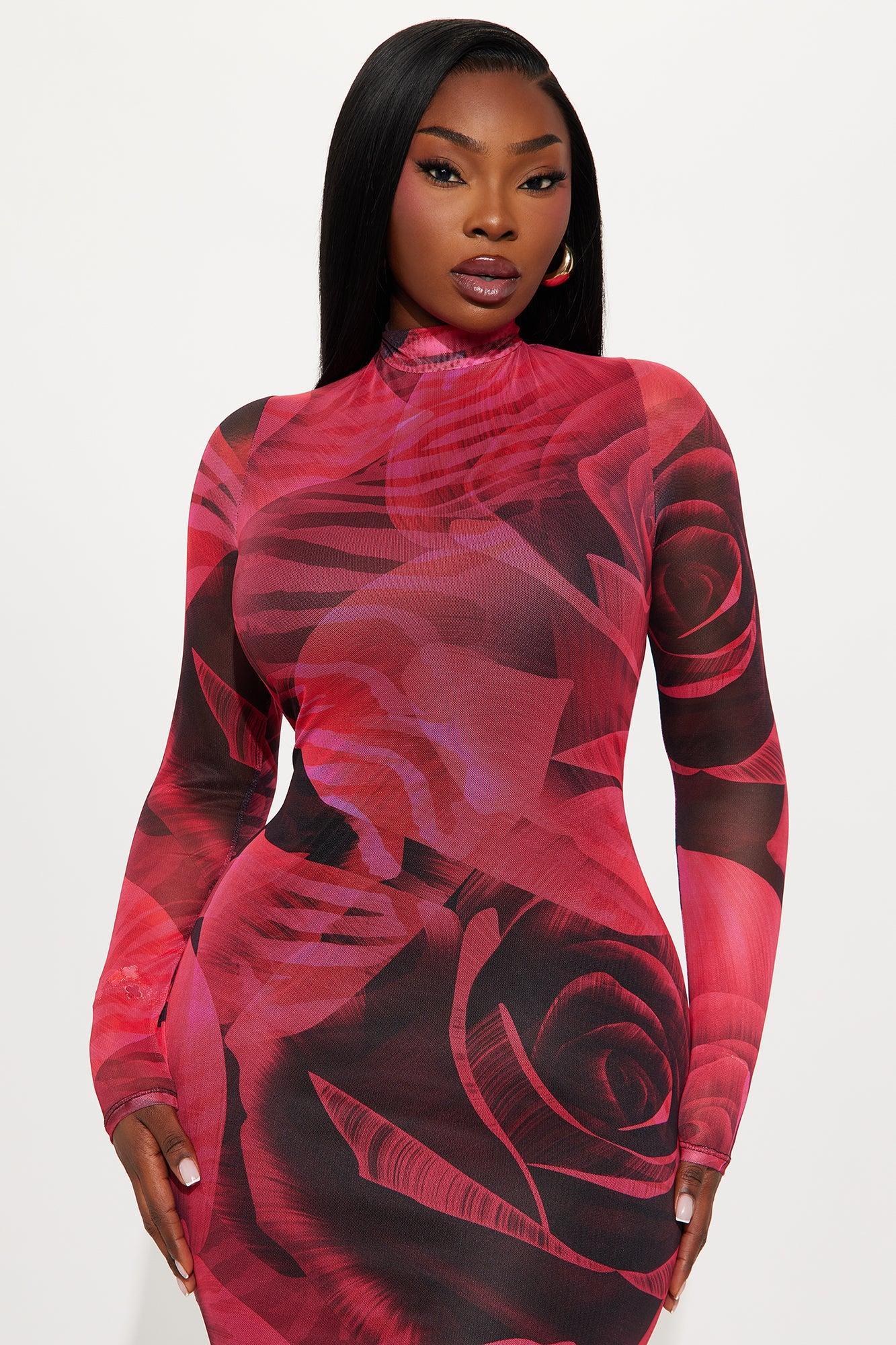 Floral Feelings Mesh Midi Dress - Black/Pink Product Image