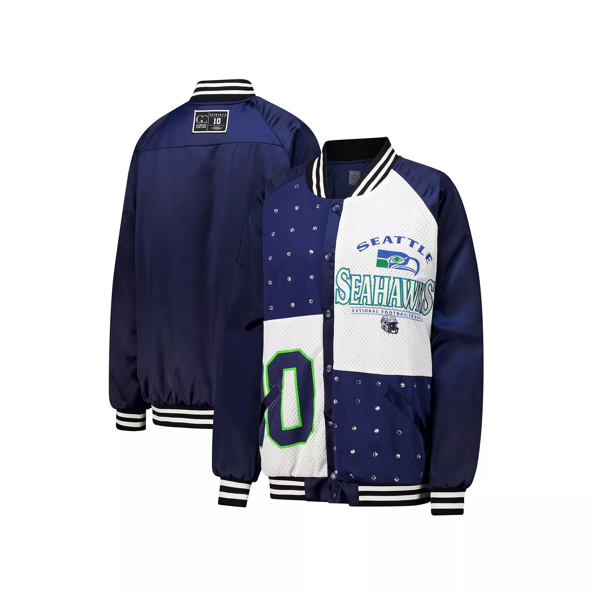 Women's Gameday Couture  College Navy/White Seattle Seahawks Oversized Hot Shot Rhinestone Throwback Full-Snap Varsity Bomber Jacket, Size: Small, Team Product Image