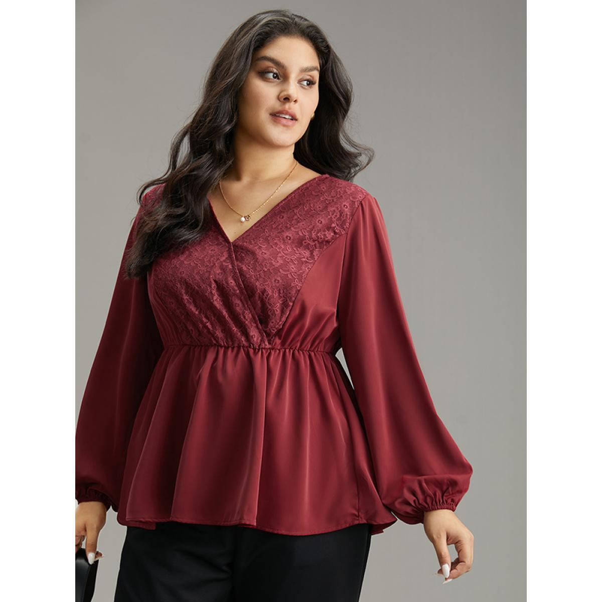 Plus Size Scarlet Static-Free Contrast Lace Lantern Sleeve Blouse Women Office Long Sleeve V-neck Work Blouses BloomChic 30/6X Product Image