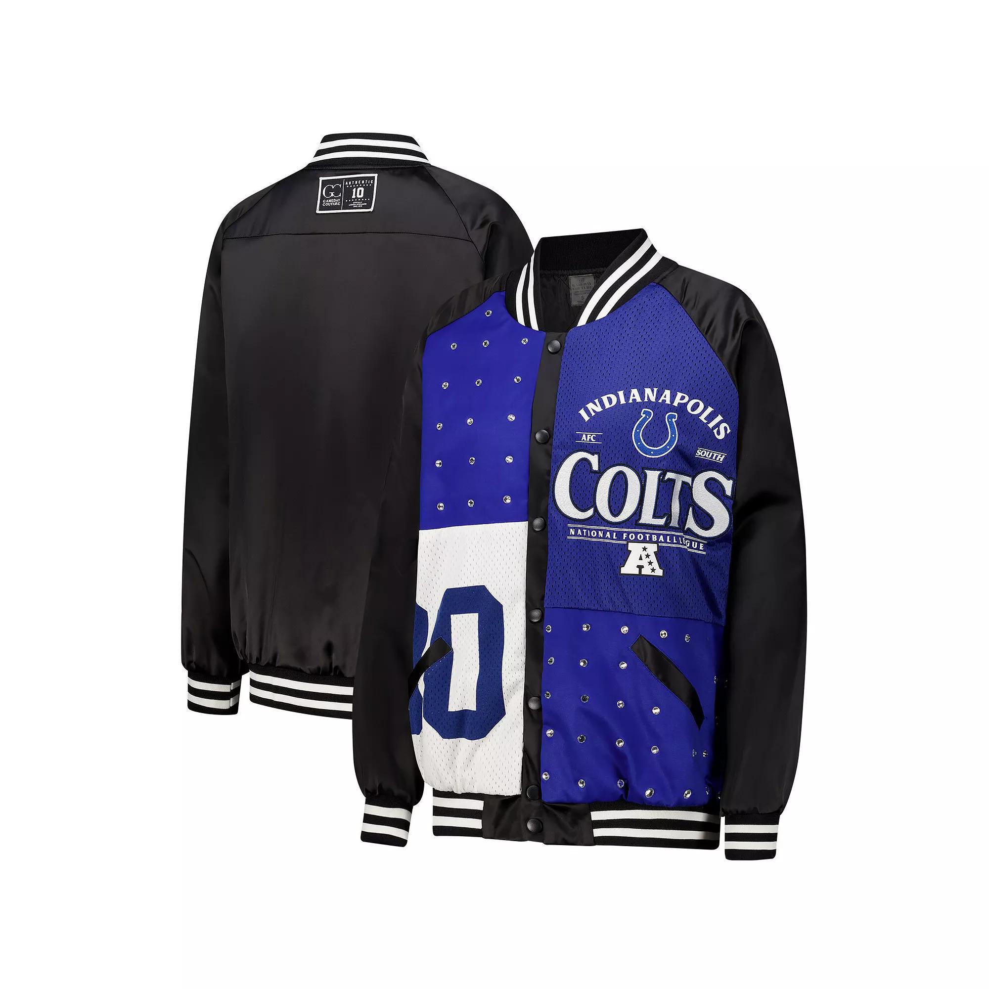 Women's Gameday Couture  Black/Royal Indianapolis Colts Oversized Hot Shot Rhinestone Throwback Full-Snap Varsity Bomber Jacket, Size: Medium Product Image