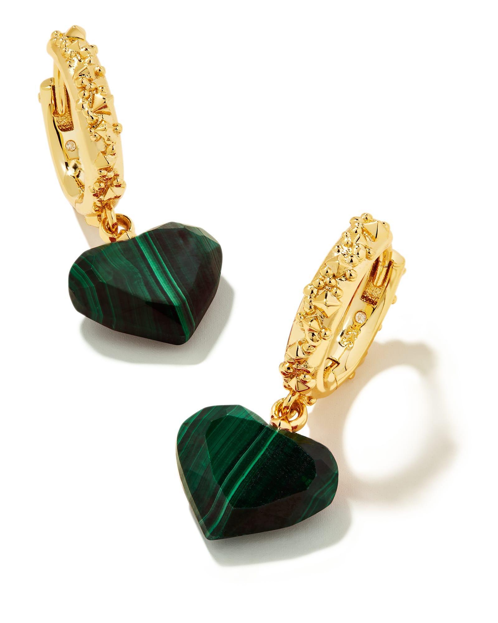 Penny Gold Heart Huggie Earrings in Green Malachite Product Image