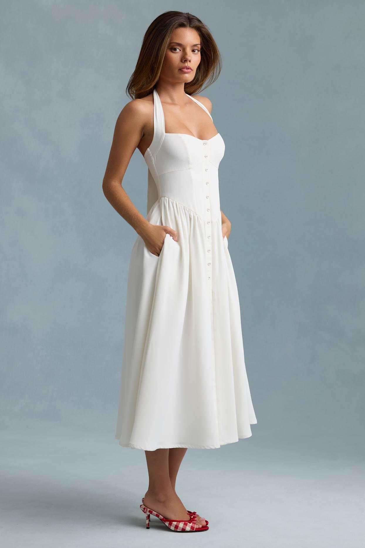 Button-Detail Halterneck Midaxi Dress in White Product Image