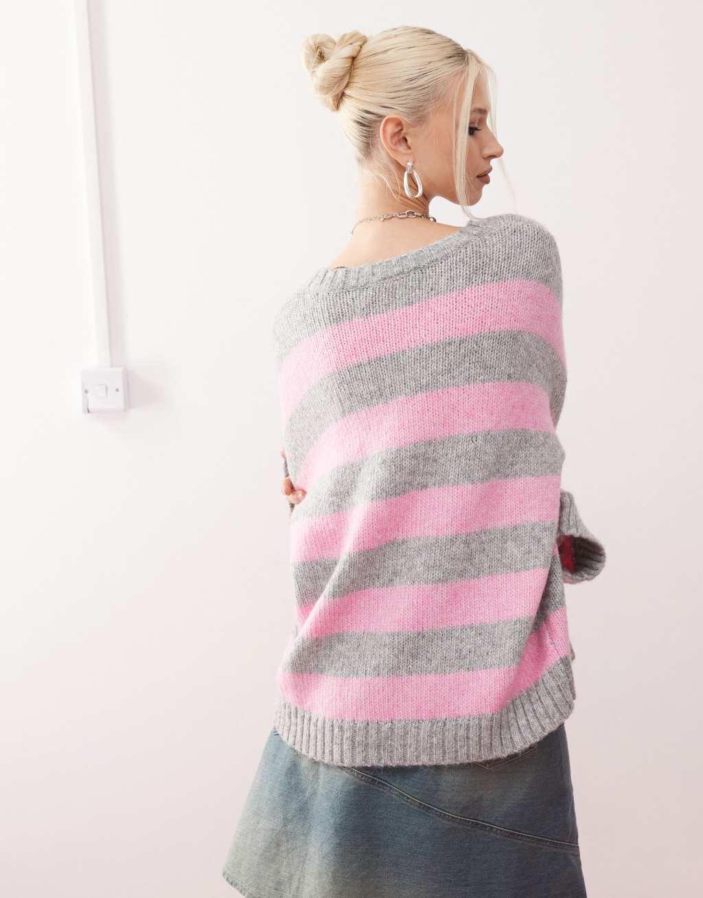 Monki crew neck knit sweater in pink and gray stripe Product Image