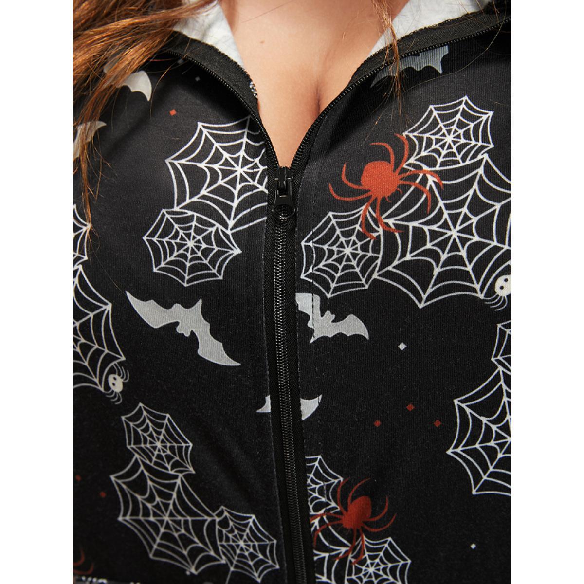 Plus Size Halloween Print Pocket Zip Up Jumpsuit Women Black Elegant Graphic-Halloween Zipper Hooded Pocket Loungewear BloomChic 22-24/3X Product Image