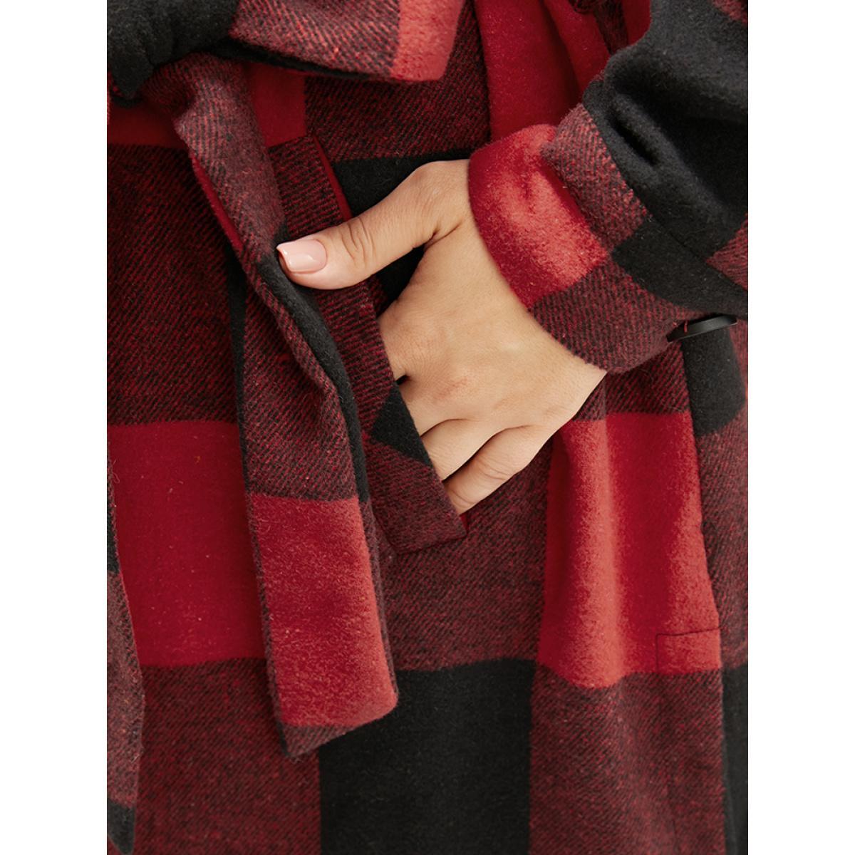 Plus Size Plaid Pocket Button Up Belted Coat Women Red Elegant Cross straps Ladies Dailywear Winter Coats BloomChic 30/6X Product Image