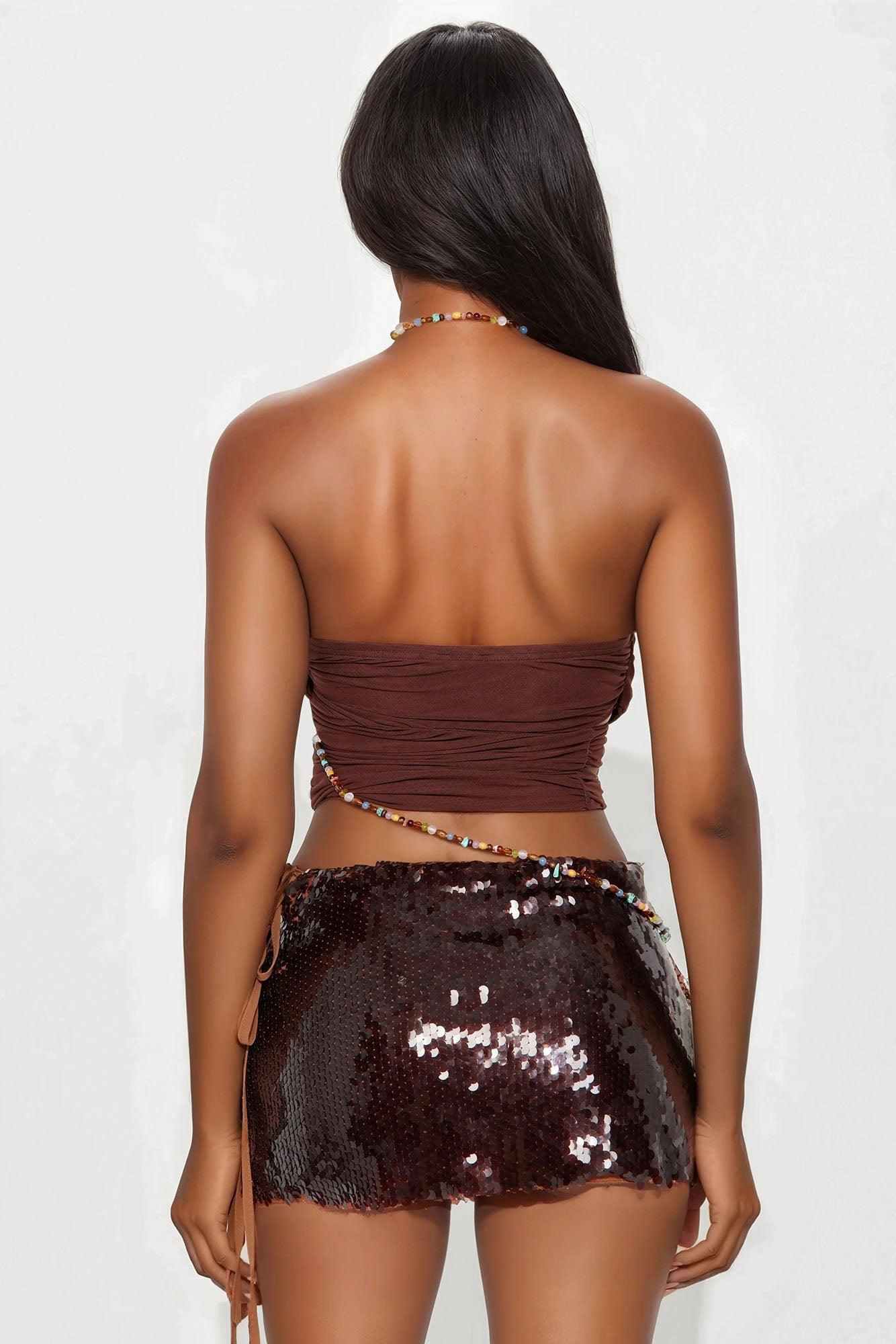 Natural Ambiance Beaded Mesh Halter Top - Brown Product Image