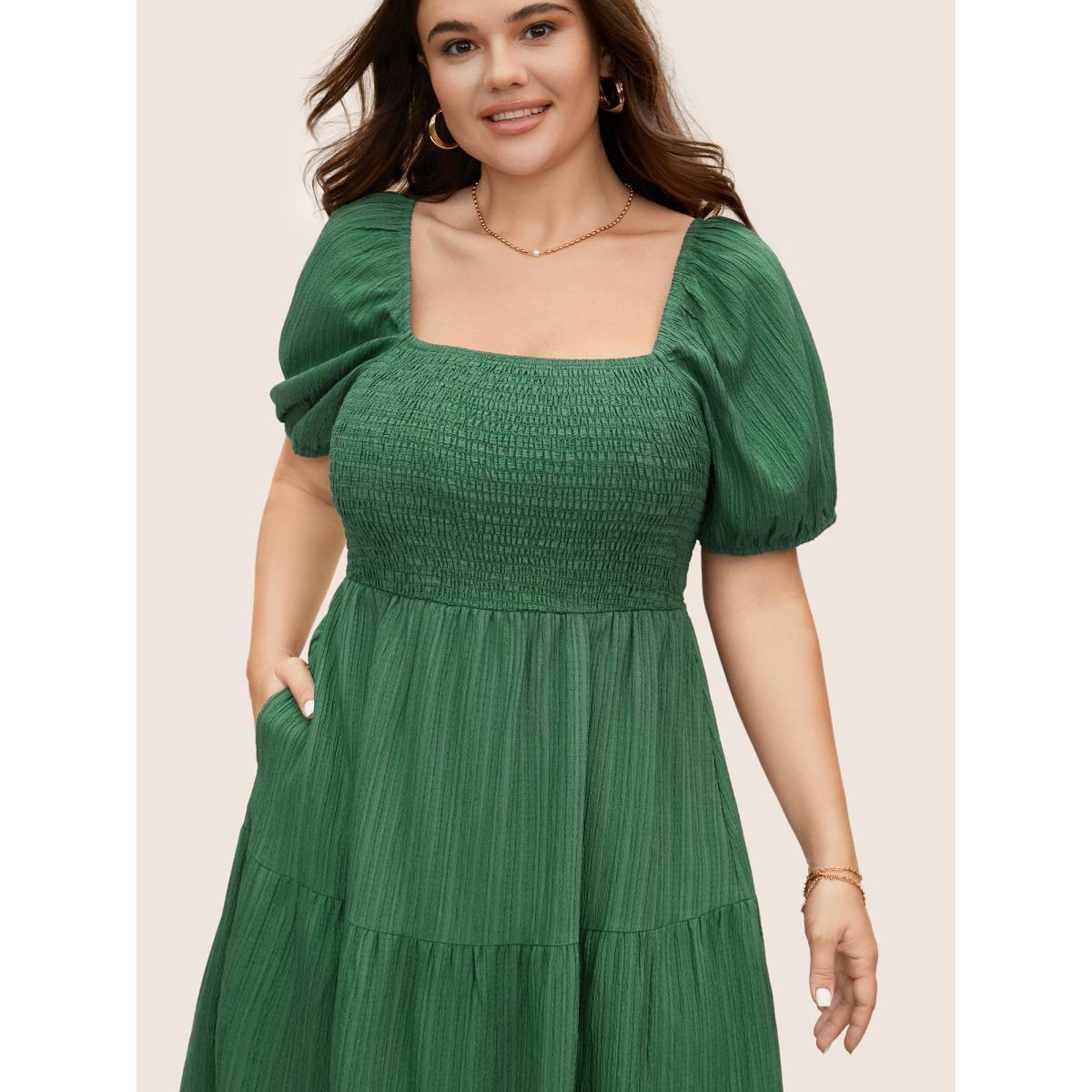 Plus Size Square Neck Texture Shirred Puff Sleeve Dress Emerald Women Elegant Texture Square Neck Short sleeve Curvy BloomChic 30/6X Product Image