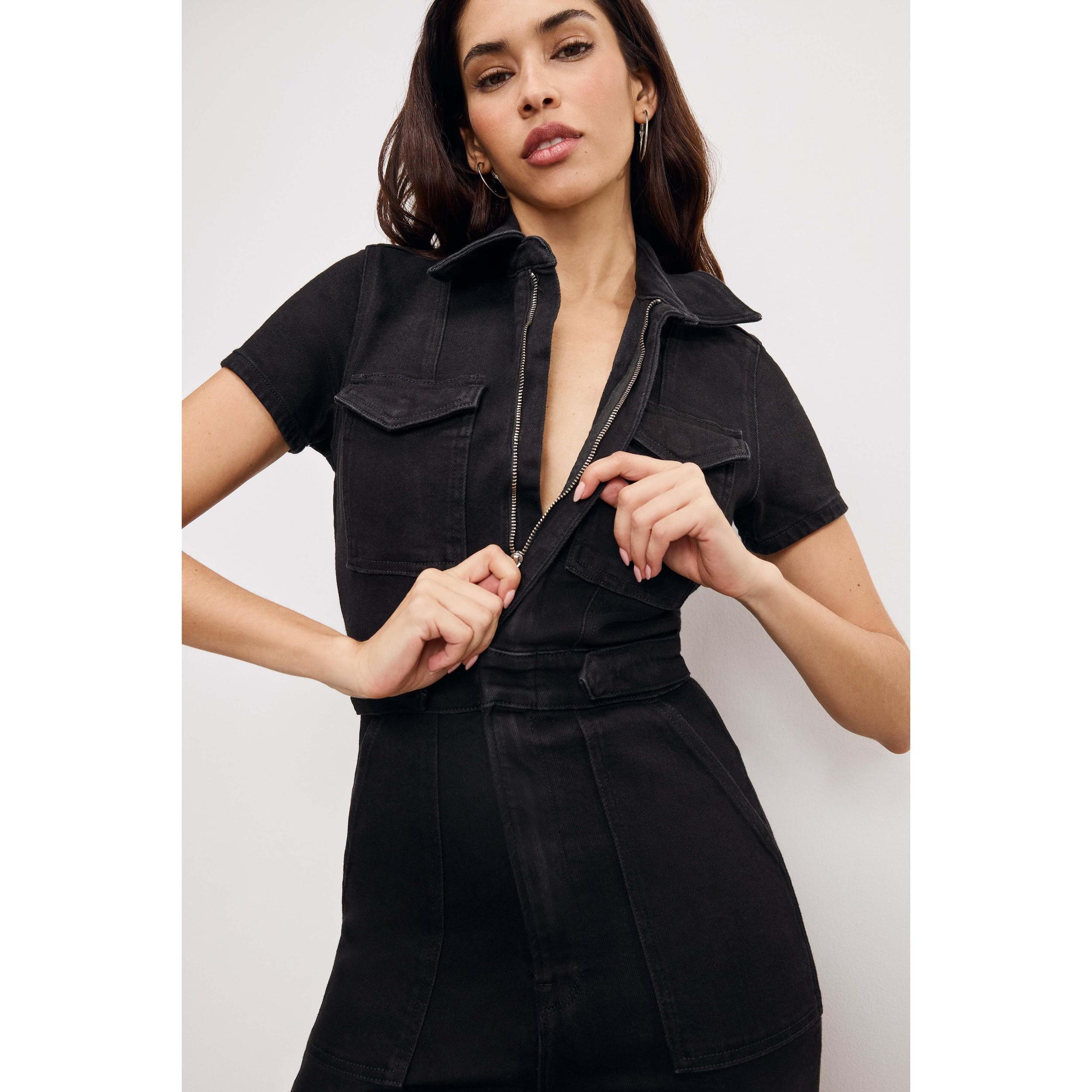 Womens Fit For Success Capri Denim Jumpsuit | , | Hidden Front Zipper Closure, Breast Pockets Product Image