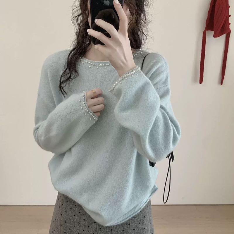 Boat Neck Plain Faux Pearl Accent Sweater Product Image