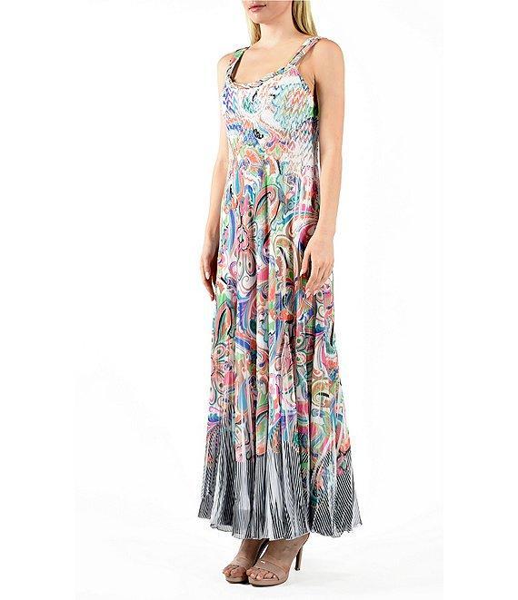 Komarov Chiffon Charmeuse Pyramid Pleated Paisley Print Scoop Neck Sleeveless Dress Product Image