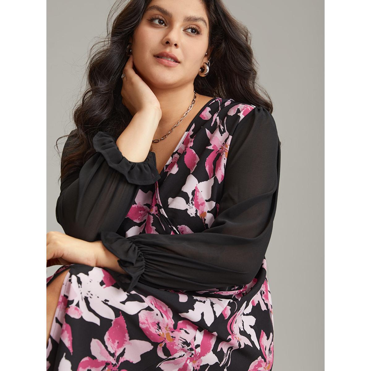 Plus Size Floral Contrast Wrap Chiffon Split Side Dress Black Women Office Wrap Overlap Collar Long Sleeve Curvy Midi Dress BloomChic 22-24/3X Product Image