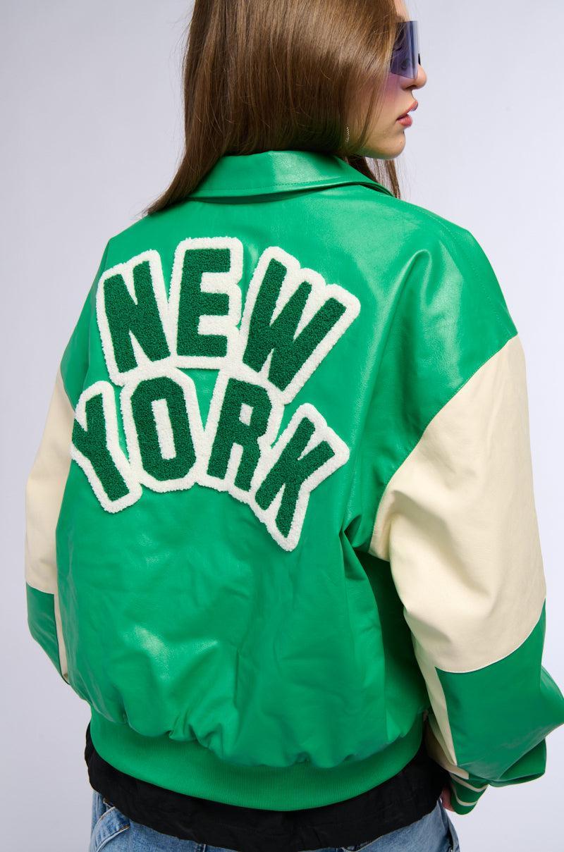 NUEVA YORK VARSITY PATCH FAUX LEATHER BOMBER JACKET Product Image