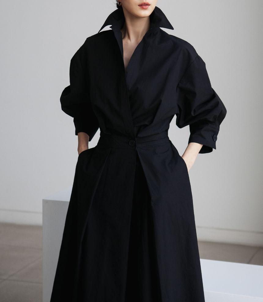 Long-Sleeve Plain Maxi A-Line Shirt Dress Product Image