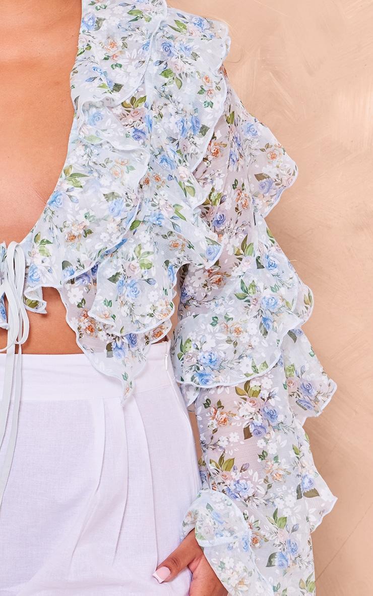 Plus Blue Floral Sheer Woven Ruffle Tie Crop Blouse Product Image