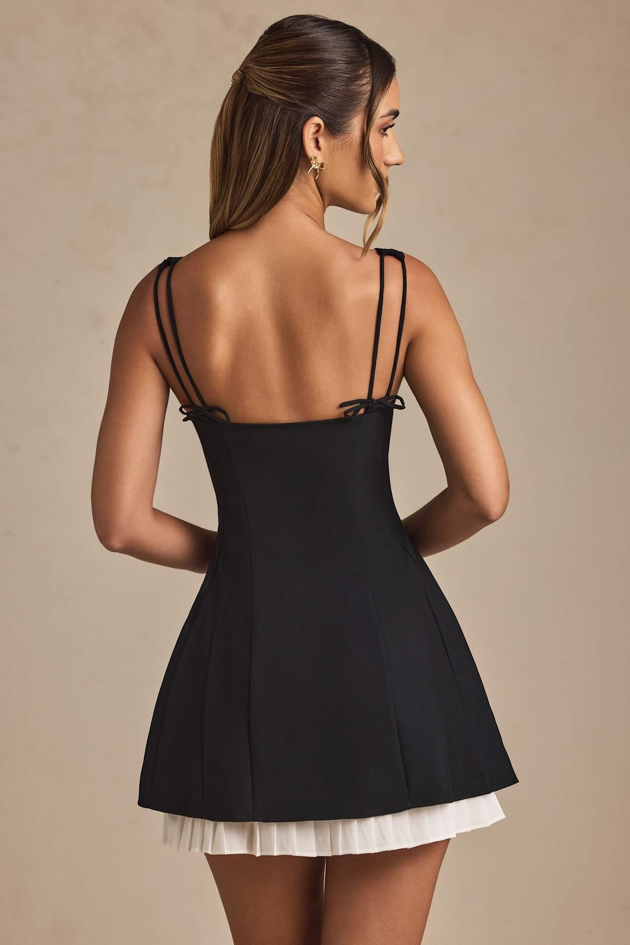 Bow-Detail Pleated A-Line Mini Dress in Black Product Image