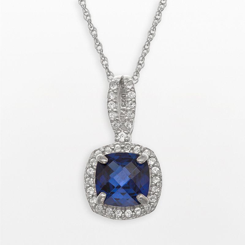 Sterling Silver Lab-Created Blue and White Sapphire Square Halo Pendant, Women's, Size: 18", Multi Grey Product Image
