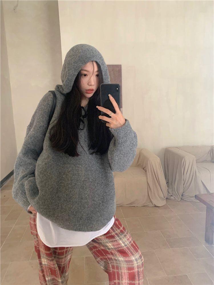 Hooded Plain Oversized Sweater / Long-Sleeve Round Neck Plain Tee / Mid Waist Plaid Wide Leg Pants Product Image