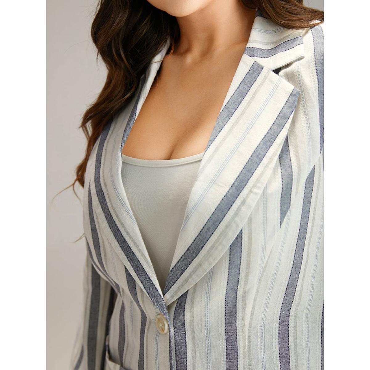 Plus Size Striped Suit Collar Pocket Blazer Blue Women Dailywear Striped Contrast Sleeve Long Sleeve Suit Collar 10/M Pocket Casual Blazers BloomChic Product Image