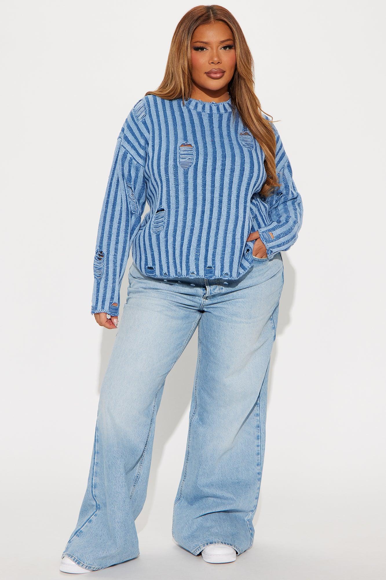 In A Mood Distressed Sweater - Blue Product Image