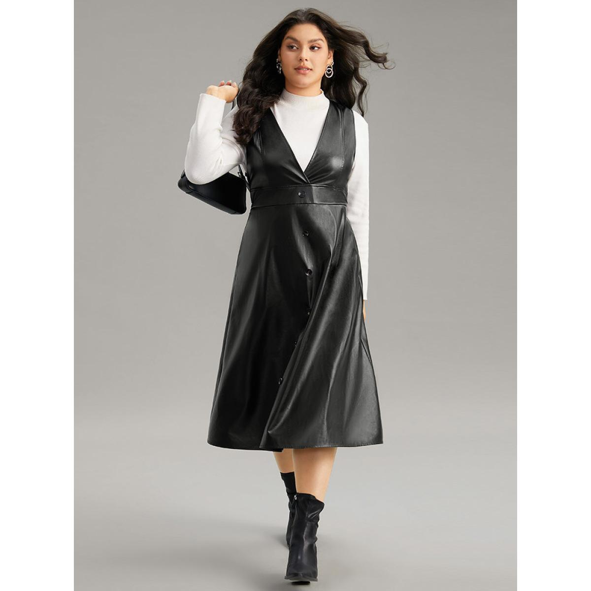 Plus Size PU Leather Sleeveless Button Detail Dress Black Women Office Plain V-neck Sleeveless Curvy Midi Dress BloomChic 18-20/2X Product Image