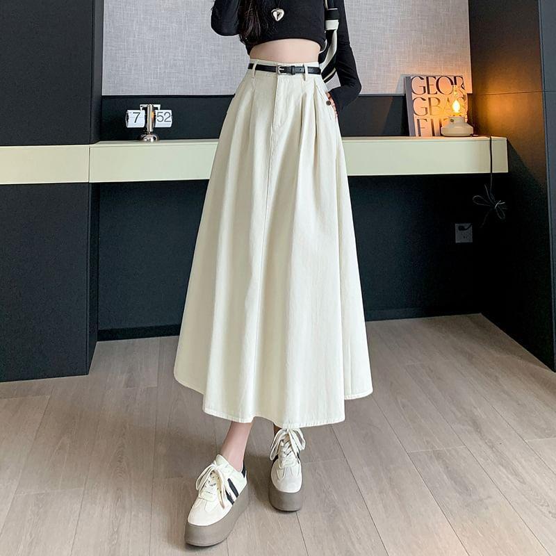 High Waist Plain Pleated Midi A-Line Denim Skirt Product Image