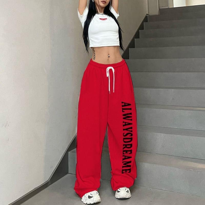 Drawstring Waist Lettering Print Wide Leg Sweatpants Product Image