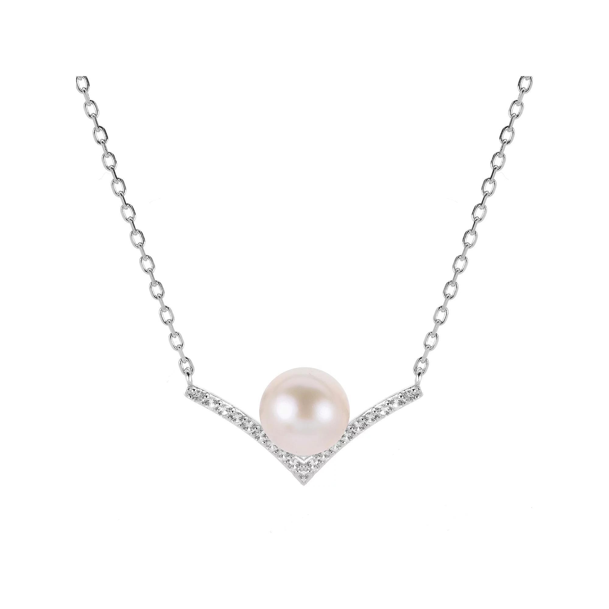 PearLustre by Imperial Sterling Silver Freshwater Cultured Pearl & Lab-Created White Sapphire V Necklace, Womens Product Image