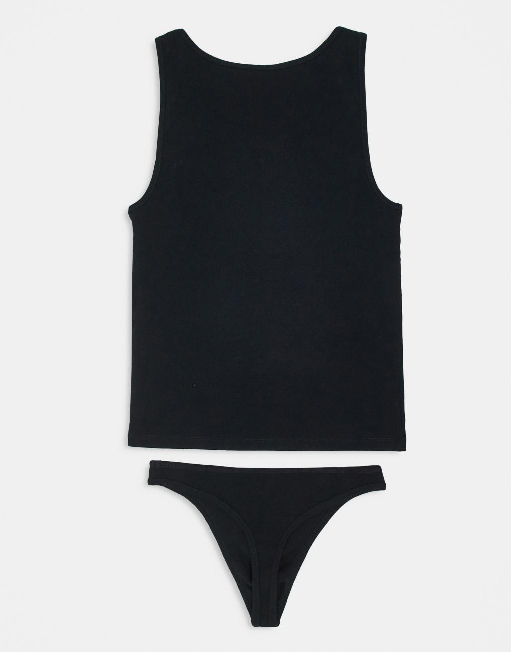 ASOS DESIGN rib thong and vest set in black Product Image