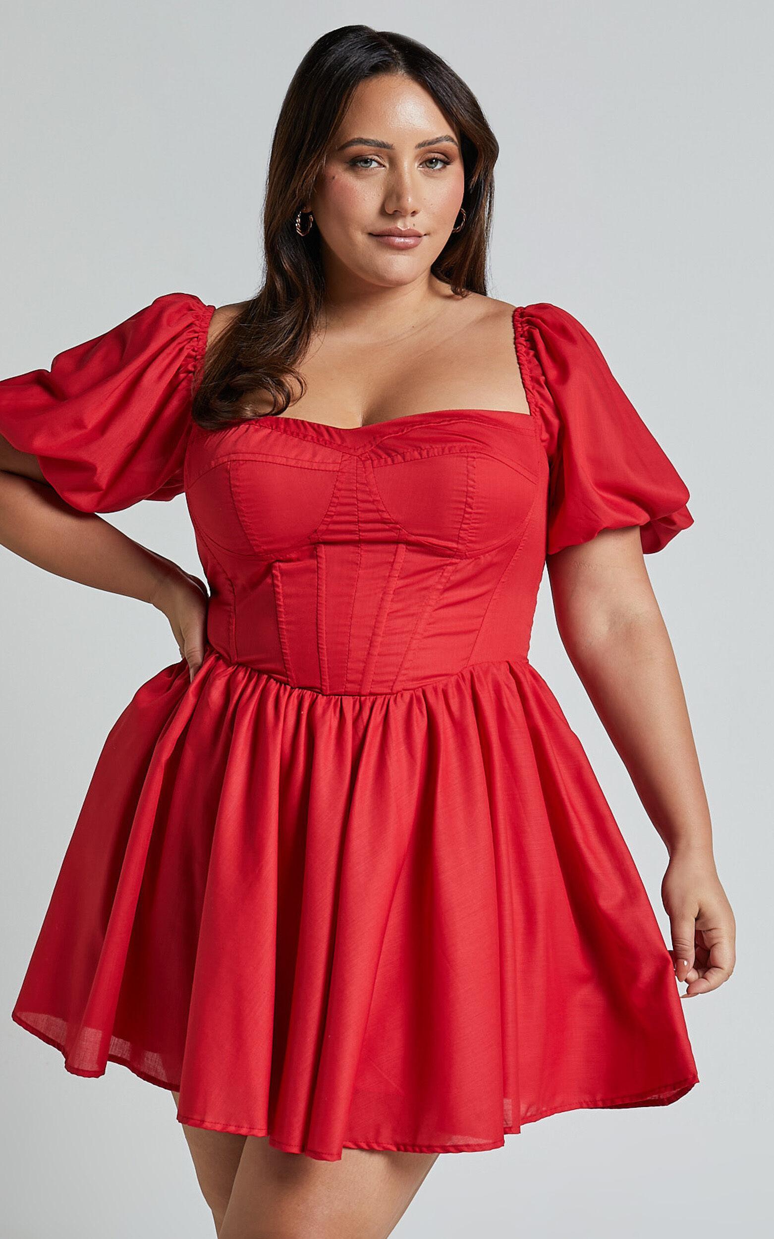 Souza Mini Dress - Fit and Flare Puff Sleeve Corset Dress in Red Product Image