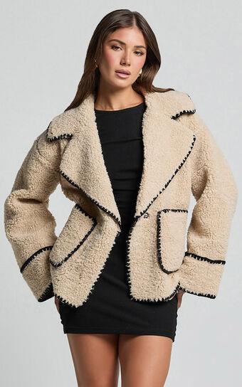 Adeline Jacket - Oversized Blanket Stitched Shearling Jacket in Caramel Product Image