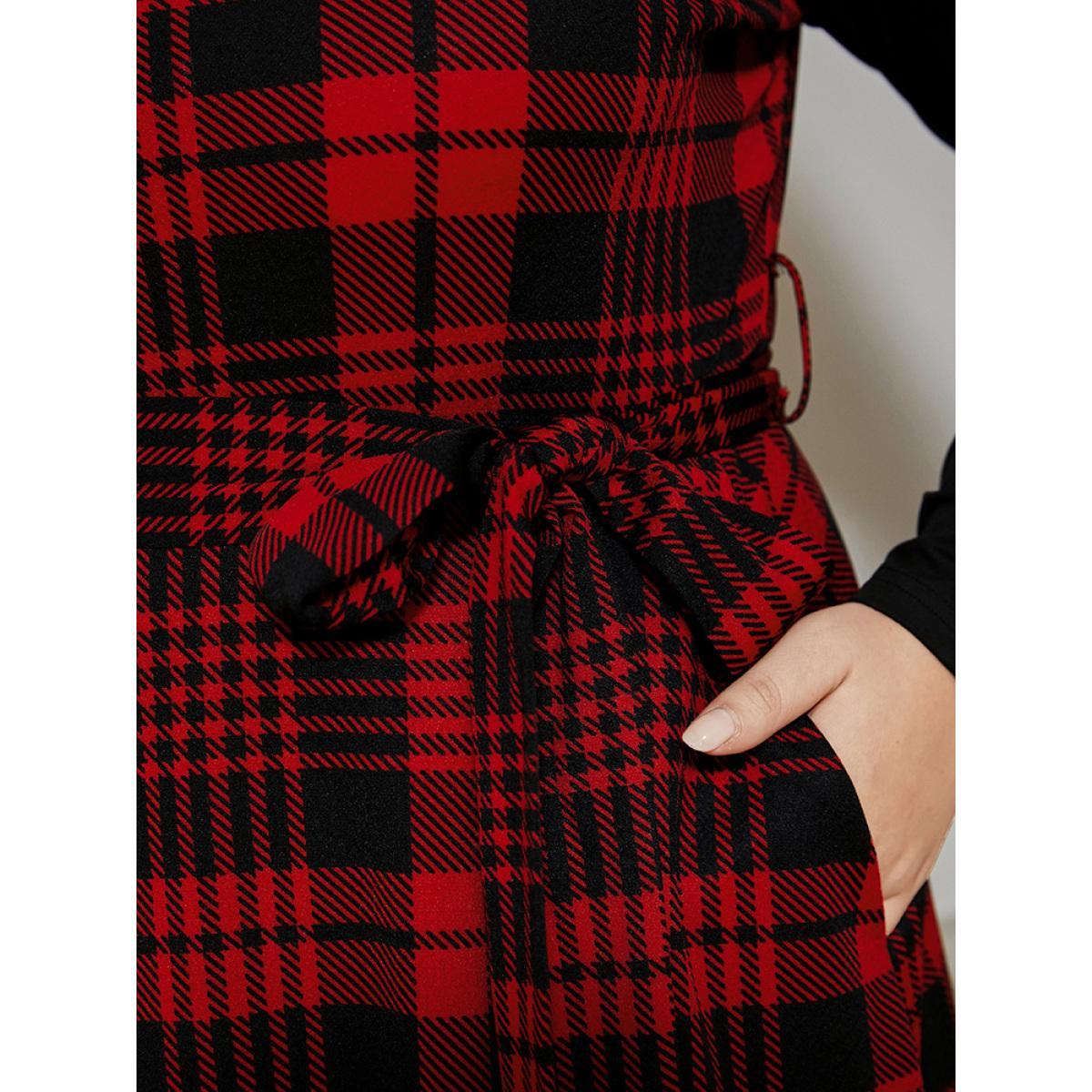 Plus Size Plaid Patchwork Round Neck Pocket Belted Dress Red Women Elegant Patchwork Round Neck Long Sleeve Curvy Midi Dress BloomChic 26/4X Product Image