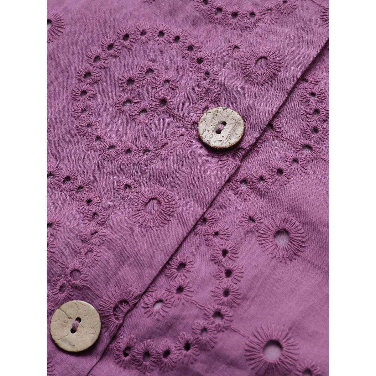 Plus Size Broderie Anglaise Gathered Square Neck Button Detail Dress Mauve Women Elegant Non Square Neck Elbow-length sleeve Curvy Midi Dress BloomChic 12/L Product Image