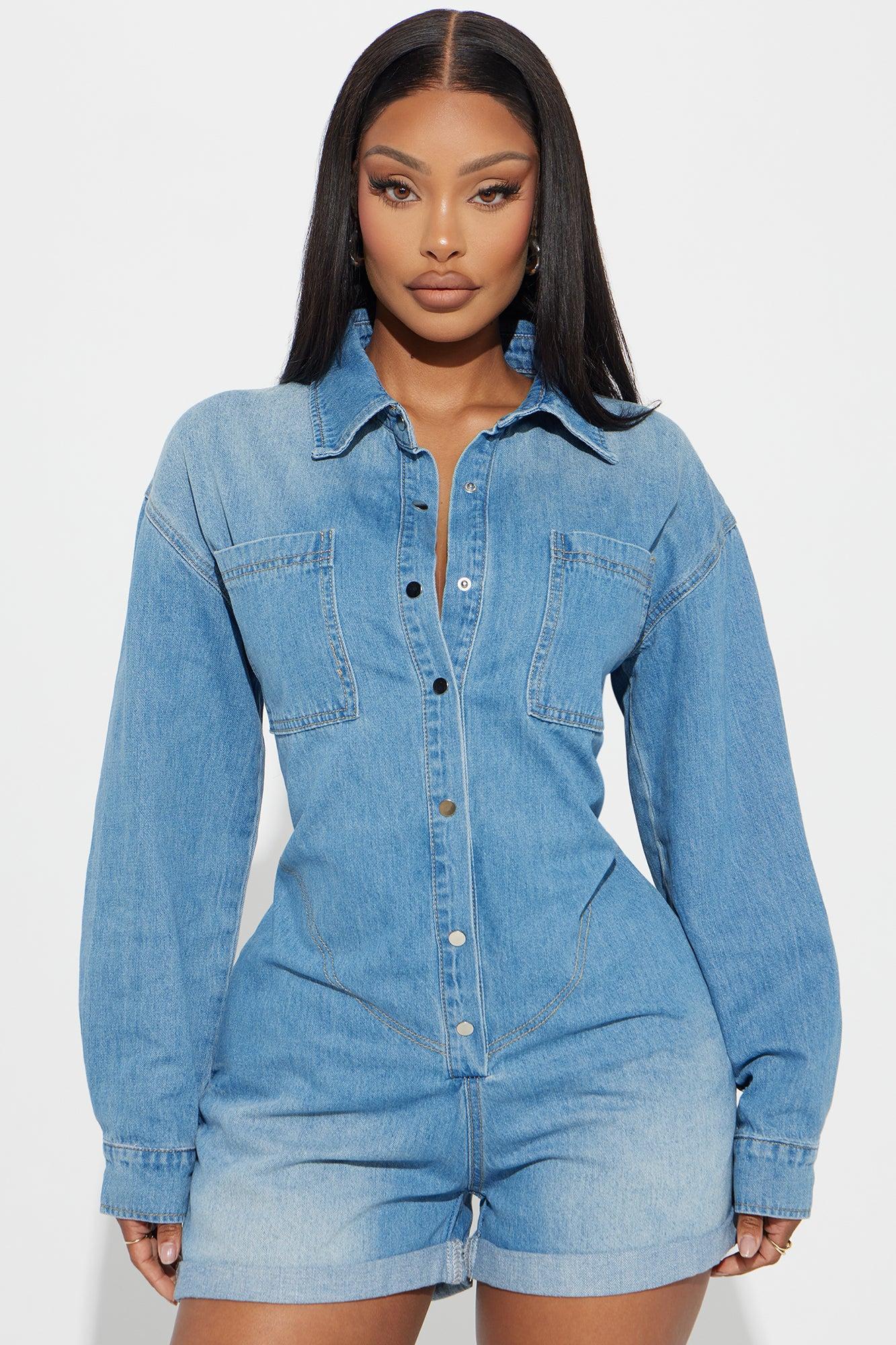 Hannah Denim Romper - Medium Wash Product Image