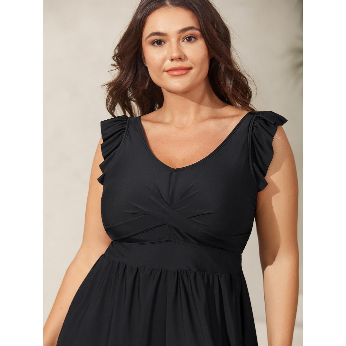 Plus Size Twist Front Ruffled One-Piece Swimsuit Women's Swimwear Black Beach Twist Curve Bathing Suits High stretch One Pieces BloomChic 28/5X Product Image