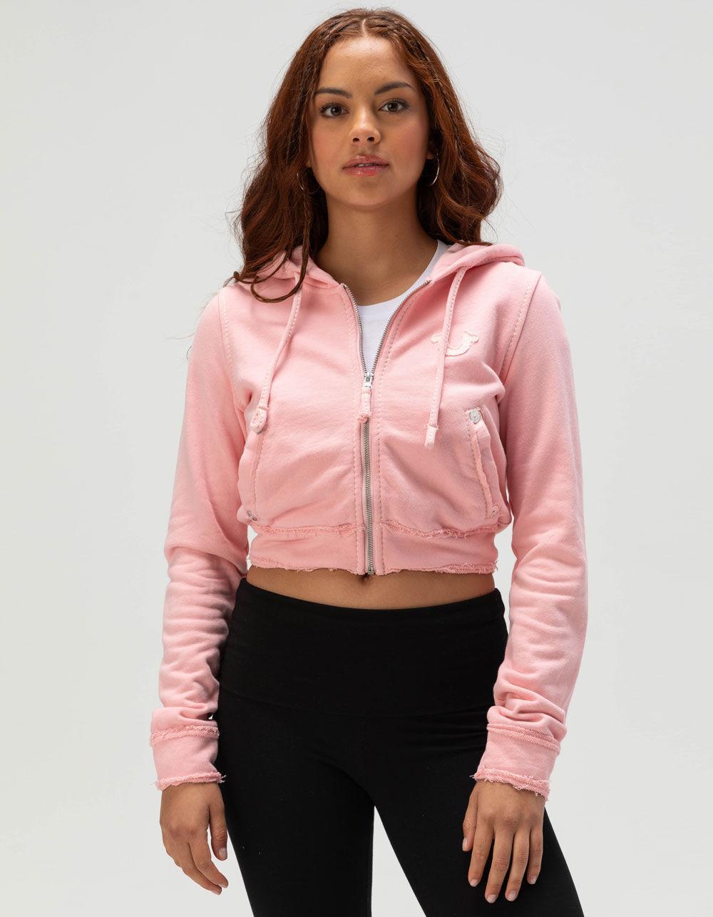 TRUE RELIGION Big T Raw Edge Womens Shrunken Zip-Up Hoodie - PINK Product Image