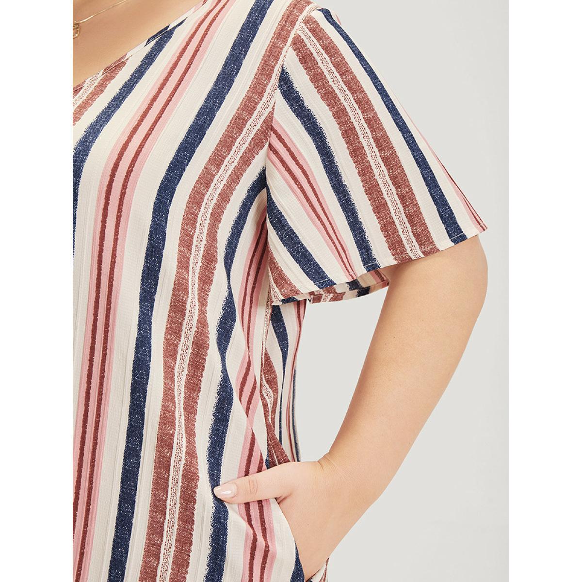 Plus Size Striped Button Detail Pocket Ruffle Hem Dress Multicolor Women Vacation Gathered V-neck Short sleeve Curvy Knee Dress BloomChic 28/5X Product Image