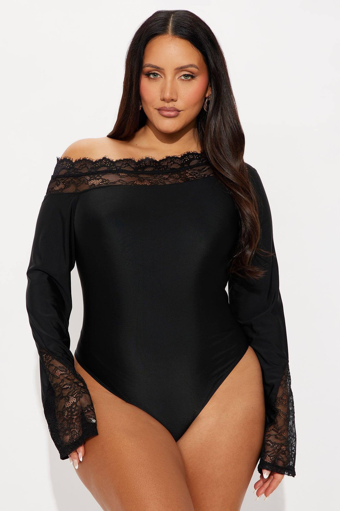 Château Living Off Shoulder Lace Trim Bodysuit - Black Female Product Image