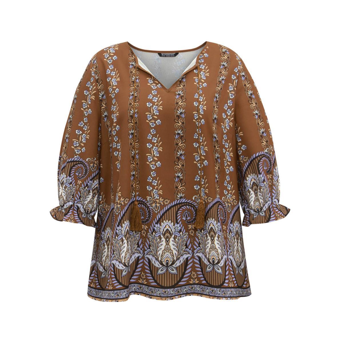 Plus Size Rust Bandana Print Tassels Ties Flutter Sleeve Blouse Women Vacation Elbow-length sleeve Tie Neck Vacation Blouses BloomChic 14-16/1X Product Image