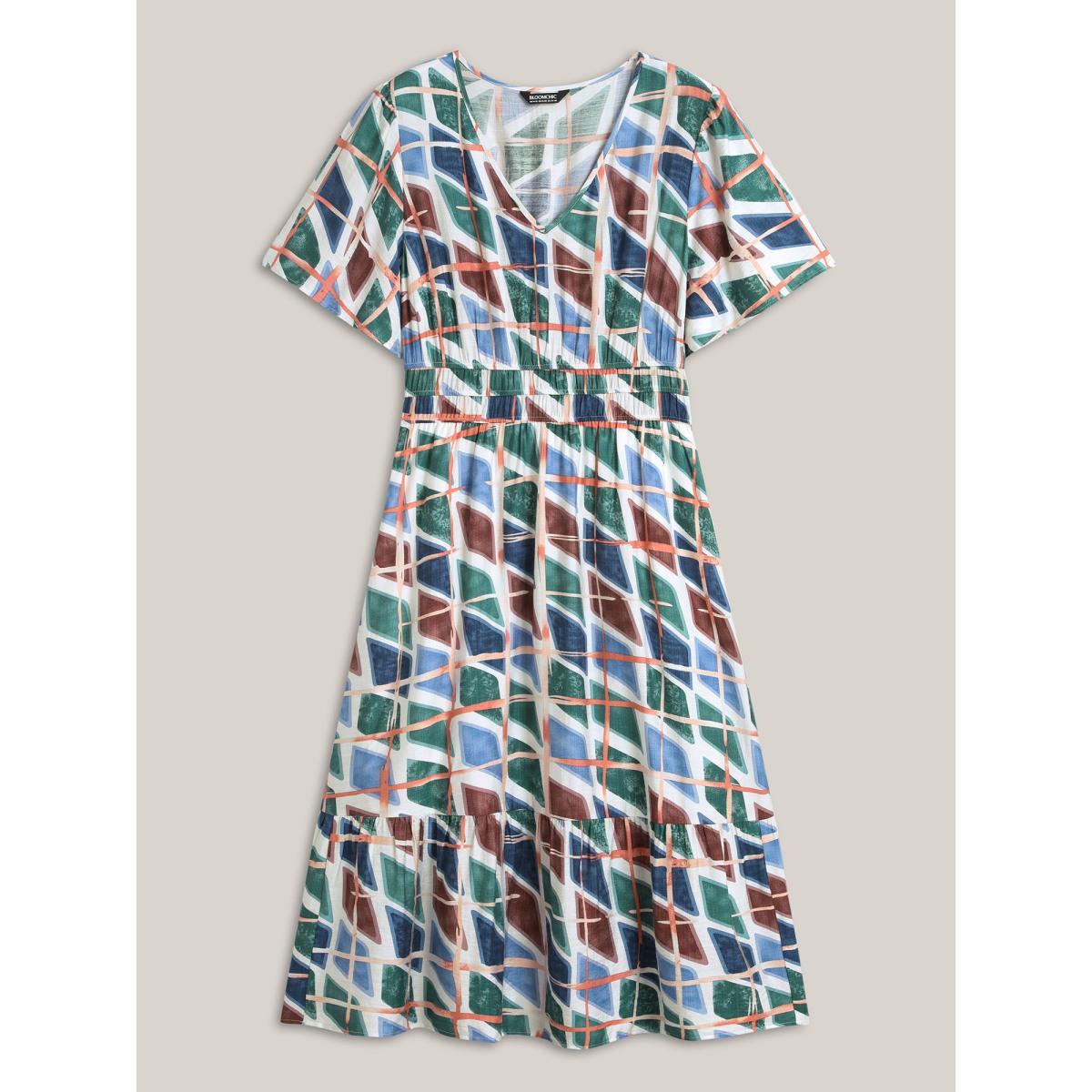 Plus Size Abstract Print Stretchy Waist Midi Dress Multicolor Women V-neck Short sleeve Curvy BloomChic 14-16/1X Product Image