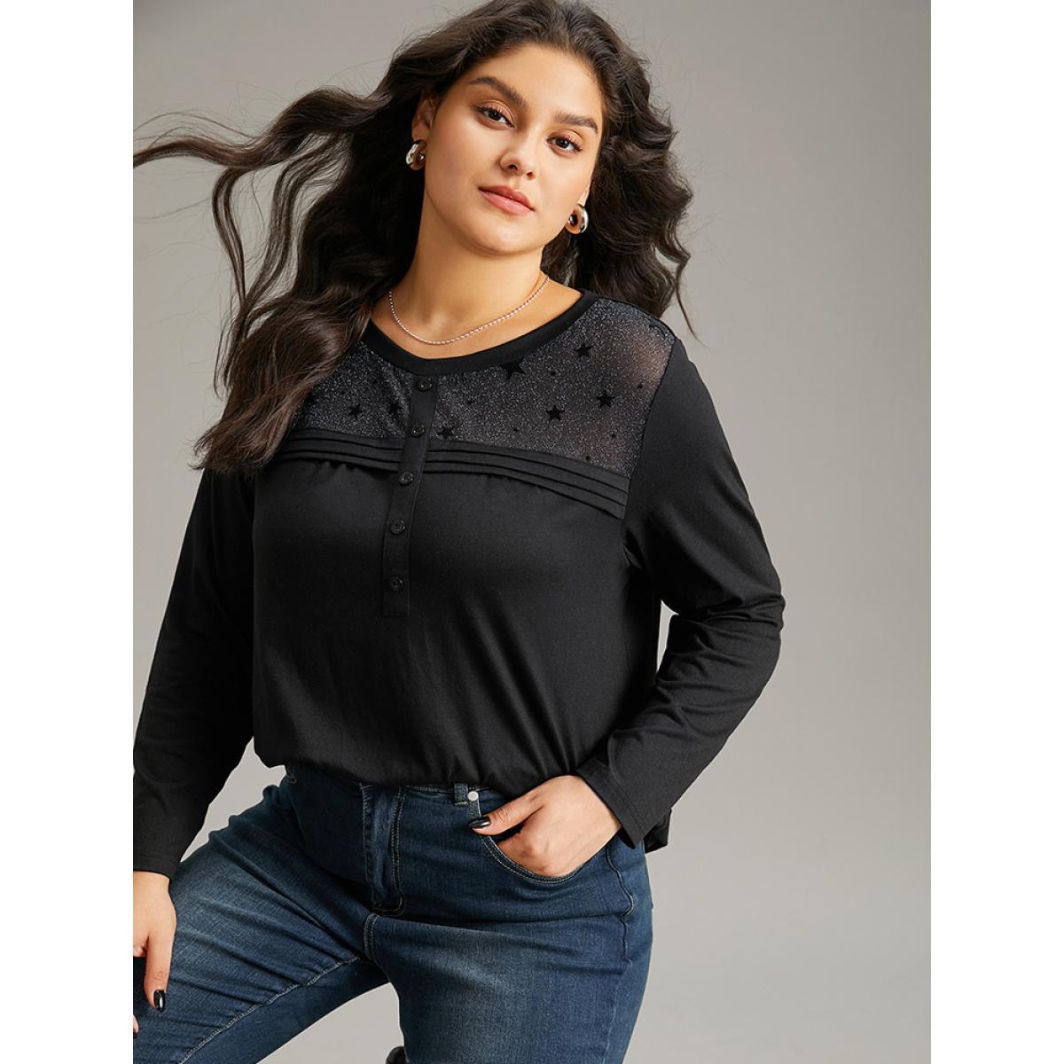 Plus Size Star Mesh Patchwork Button Detail T-shirt Black Women Elegant See through Moon and Star Round Neck Dailywear T-shirts BloomChic 28/5X Product Image